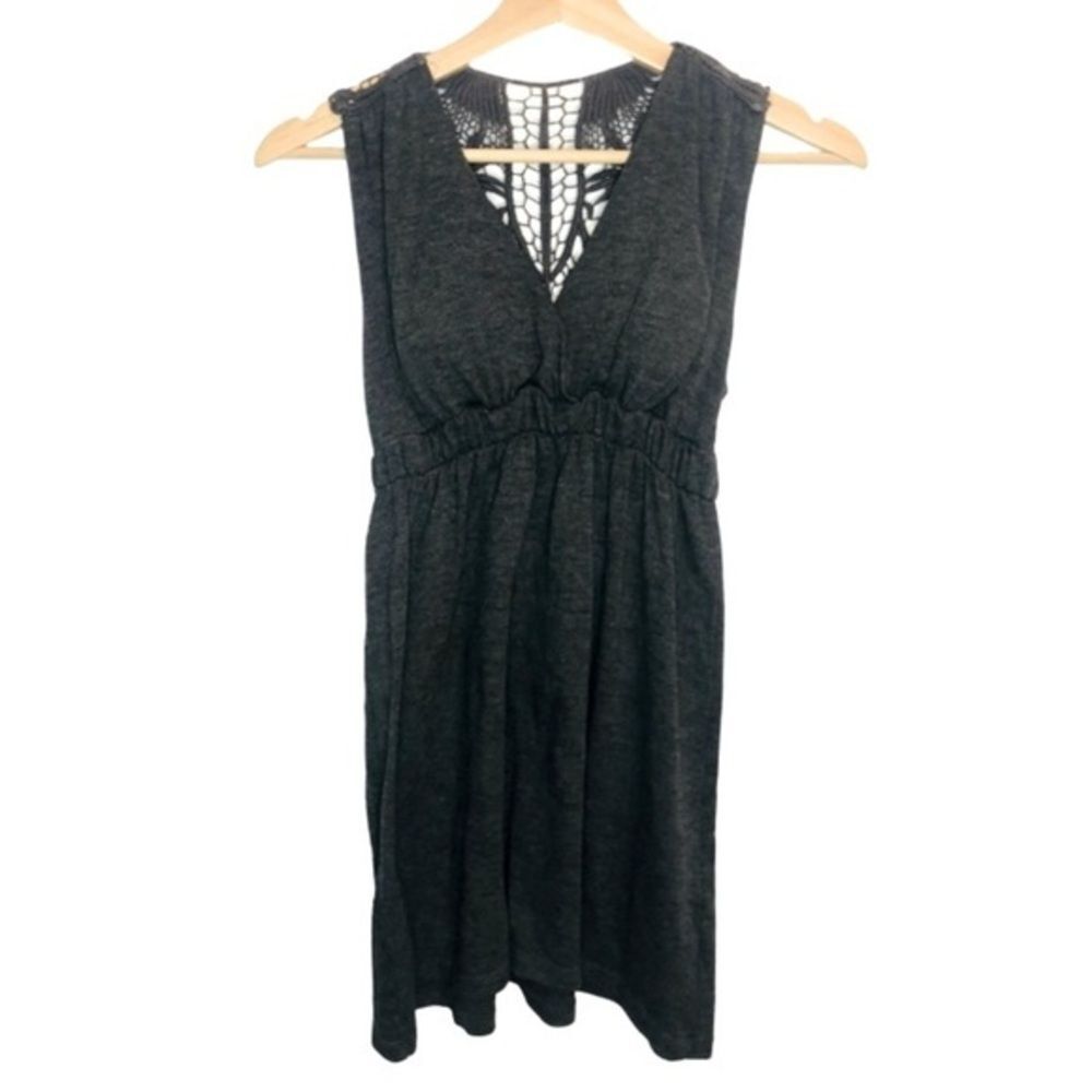 Vintage Gray Sleeveless Empire Waist Mini Dress Small Tunic Crochet Cut Out Y2K